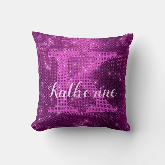 Flickigt Plum Purpur Chic Glam Glitter Monogramnam Kudde (Framsida)