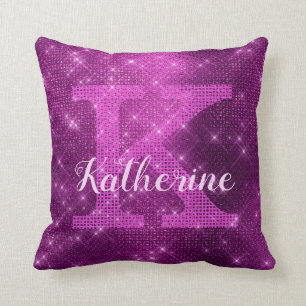 Flickigt Plum Purpur Chic Glam Glitter Monogramnam Kudde