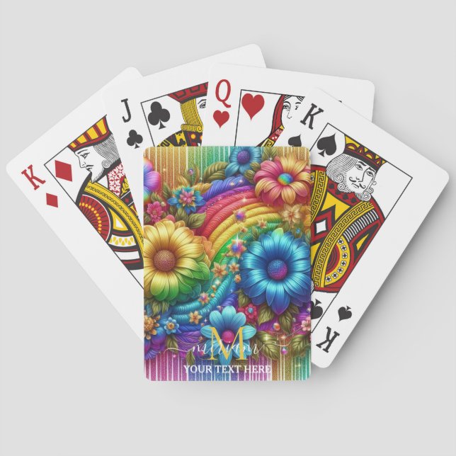 Flickigt regnbågsblommigt monogram casinokort (Baksidan)