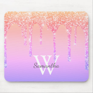 Flickigt Regnbågsglitter Glänsande Dropar Monogram Musmatta