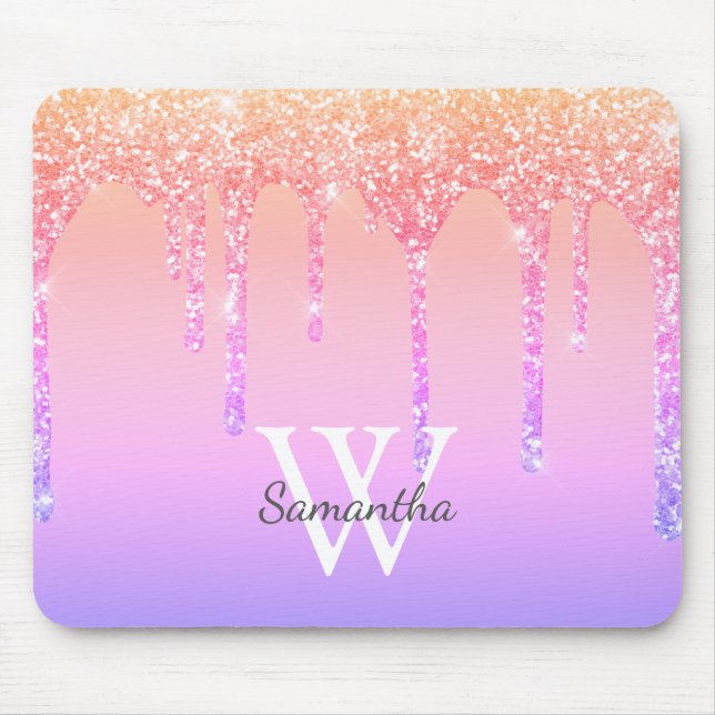 Flickigt Regnbågsglitter Glänsande Dropar Monogram Musmatta (Framsidan)