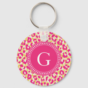 Flickigt rosa cheetahtryck med monogram nyckelring