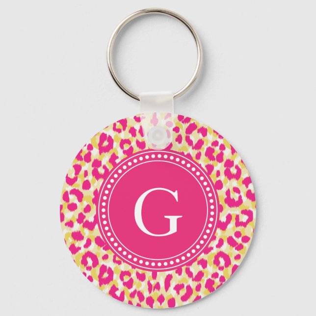 Flickigt rosa cheetahtryck med monogram nyckelring (Framsida)