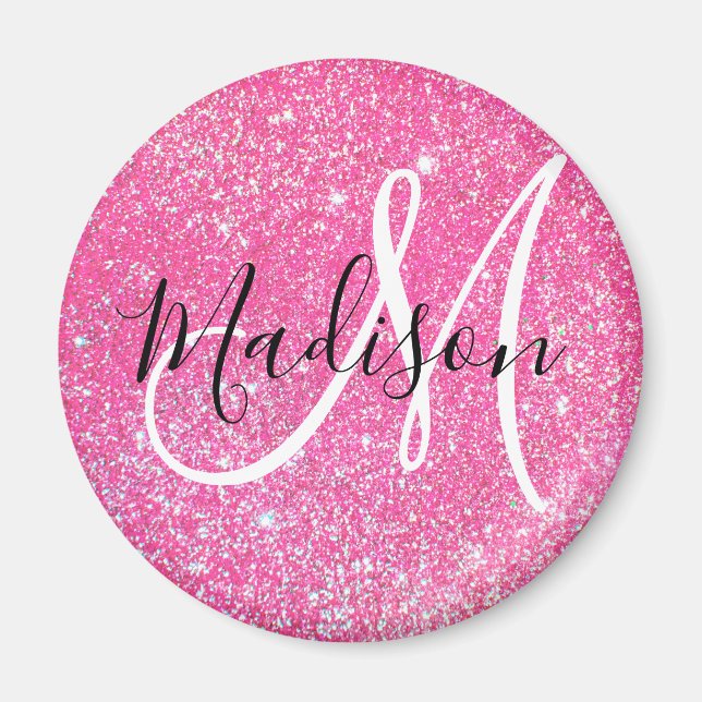 Flickigt rosa glitter glitter monogramnamn magnet (Framsidan)