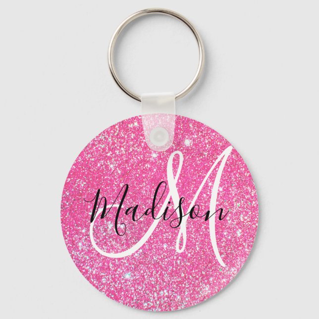 Flickigt rosa glitter glitter monogramnamn nyckelring (Framsida)