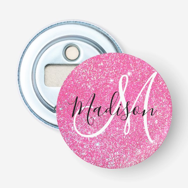 Flickigt Rosa Glitter Gnistrande Monogram Namn Flasköppnare (Framsidan)