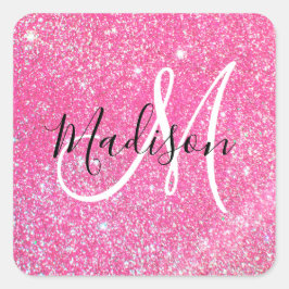 Flickigt Rosa Glitter Gnistrande Monogram Namn Fyrkantigt Klistermärke