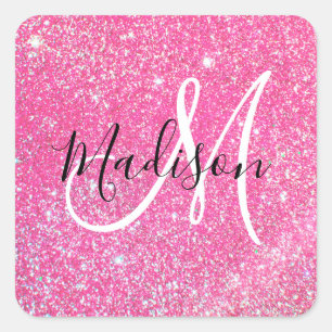 Flickigt Rosa Glitter Gnistrande Monogram Namn Fyrkantigt Klistermärke