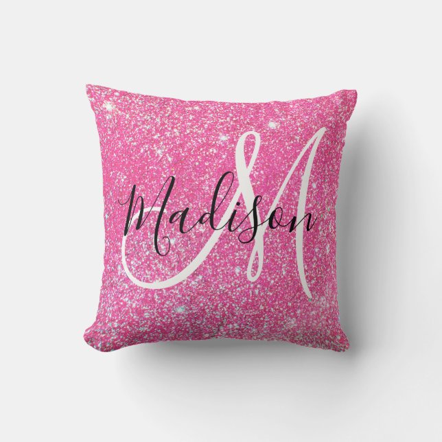 Flickigt Rosa Glitter Gnistrande Monogram Namn Kudde (Framsida)