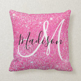 Flickigt Rosa Glitter Gnistrande Monogram Namn Kudde