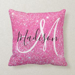 Flickigt Rosa Glitter Gnistrande Monogram Namn Kudde