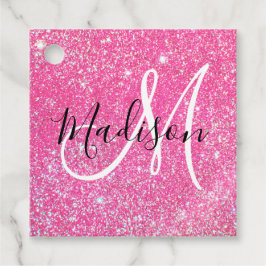 Flickigt Rosa Glitter Gnistrar Monogram Namn Gåvor Etiketter