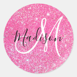 Flickigt Rosa Glitter Gnistrar Monogram Namn Runt Klistermärke
