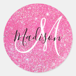 Flickigt Rosa Glitter Gnistrar Monogram Namn Runt Klistermärke