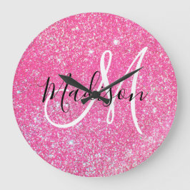 Flickigt Rosa Glitter Gnistrar Monogram Namn Stor Klocka