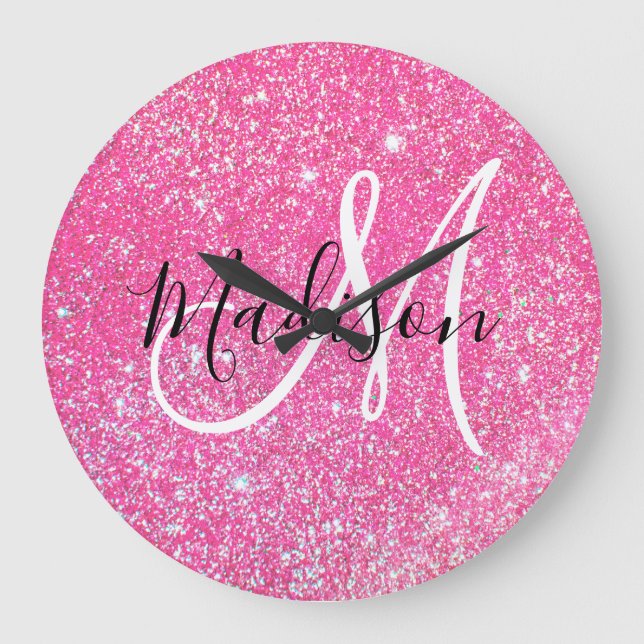Flickigt Rosa Glitter Gnistrar Monogram Namn Stor Klocka (Framsida)