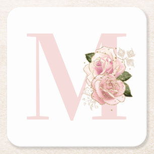 Flickigt Rosa Guld Glitter Blommig Monogram Underlägg Papper Kvadrat