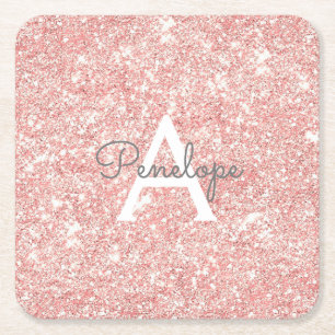 Flickigt Rosa Guld Glitter Glans Monogram Underlägg Papper Kvadrat