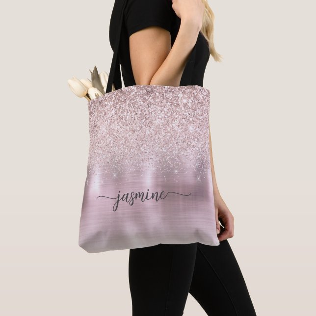 Flickigt Rosa Guld Glitter Metall Namn Skrift Tygkasse (Närbild)