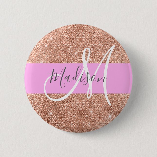 Flickigt Rosa Guld Glitter Monogram Namn Knapp (Framsida)