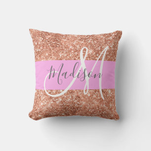 Flickigt Rosa Guld Glitter Monogram Namn Kudde