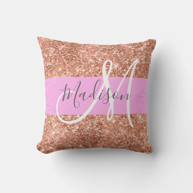 Flickigt Rosa Guld Glitter Monogram Namn Kudde (Framsida)