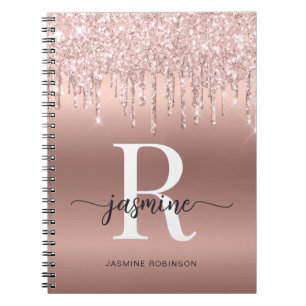 Flickigt Rosa Guld Glitterdropp Monogram Namnskrif Anteckningsbok