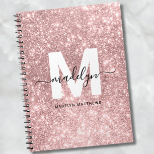 Flickigt Rosa Guld Rödfärg Glitter Monogram Anteckningsbok