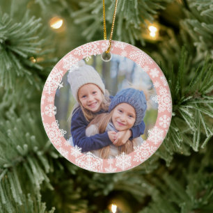 Flickigt rosa guld snöflinga Glädje och glans Foto Julgransprydnad Keramik