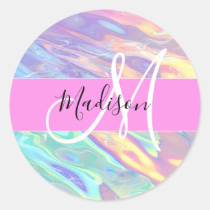 Flickigt rosa holografiskt iriserande monogramnamn runt klistermärke