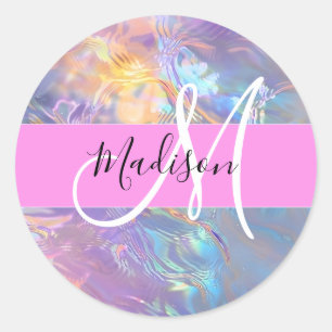 Flickigt rosa holografiskt iriserande monogramnamn runt klistermärke
