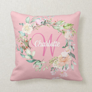Flickigt rosa monogram initial söta sommarrosor kudde
