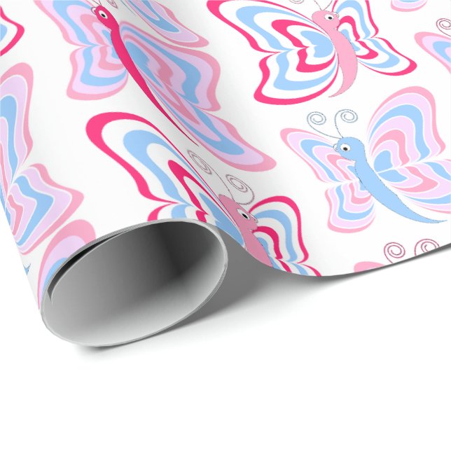 Flickigt rosa och blått fjärilmönster presentpapper (Rullad Hörn)