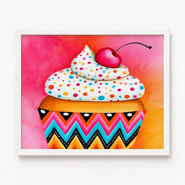 Flickigt rosa och orange cupcake-målning poster (Girly Pink and Orange Cupcake Painting Poster)
