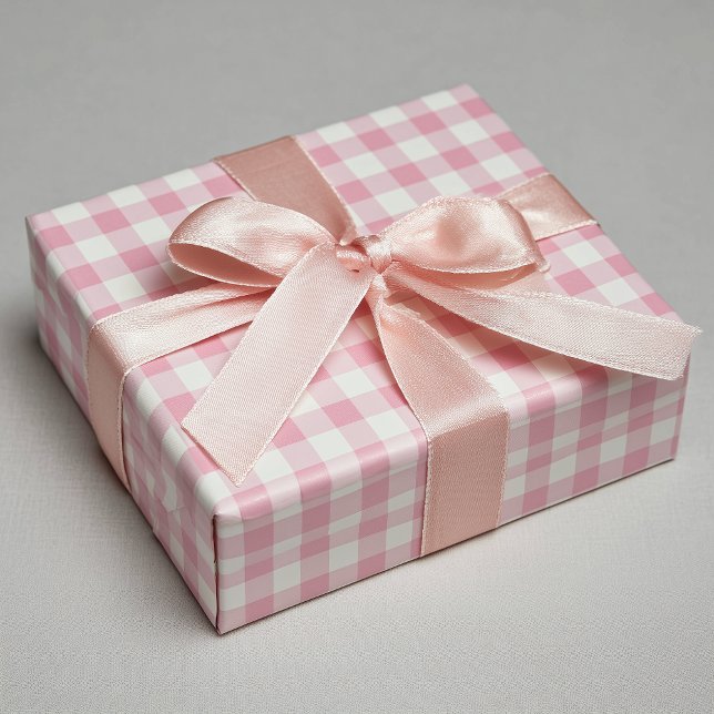 Flickigt rosa rutigt tyg presentpapper (Girly Pink Gingham Wrapping Paper Roll)