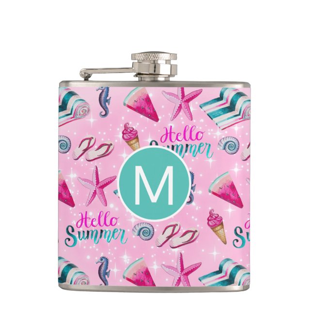 Flickigt rosa sommar vattenfärg mönster monogram fickplunta (Framsidan)