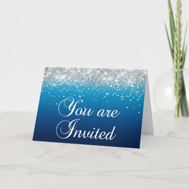 Flickigt Silver Glitter Blå Gradient Du Är Välkomm Inbjudan (Framsida)