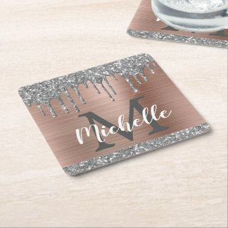 Flickigt Silver Glitter Dropar Roséguld Monogram Underlägg Papper Kvadrat