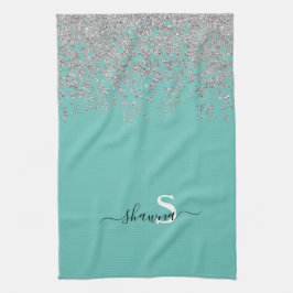 Flickigt silver och teal monogram akva glans kökshandduk