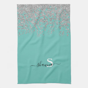 Flickigt silver och teal monogram akva glans kökshandduk