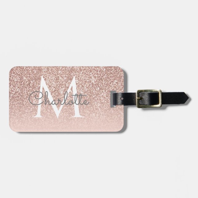 Flickigt skript Rosa Guld Glitter Rosa Monogram Bagagebricka (Horisontell Framsida)