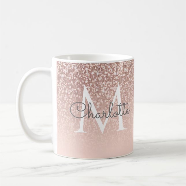 Flickigt skript Rosa Guld Glitter Rosa Monogram Kaffemugg (Vänster)