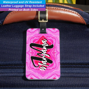 Flickigt skriptnamn, modern rosa monograminitial bagagebricka