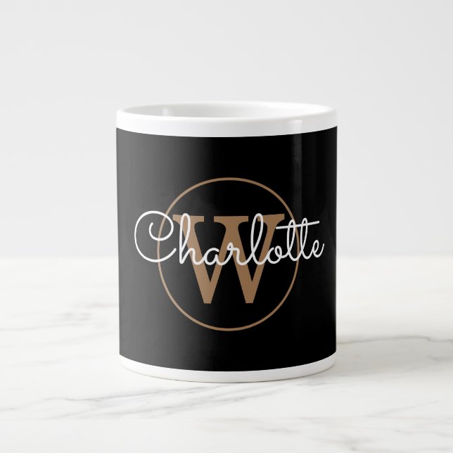 Flickigt svart modernt guldmonogram jumbo mugg (Framsidan)