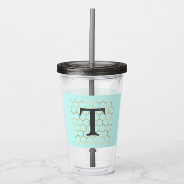 Flickigt turkos grönt guld hexagon monogram take away mugg (Framsida)