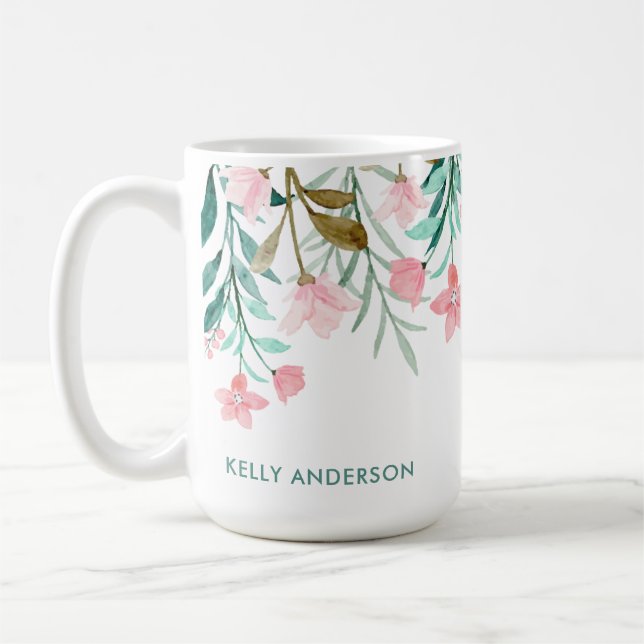 Flickigt vattenfärg blomstermönster med monogram kaffemugg (Vänster)