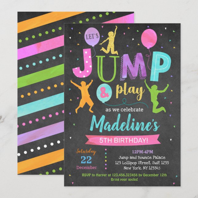 Flickjump Trampoline Park-födelsedagsinbjudningar Inbjudningar (Fram/baksida)