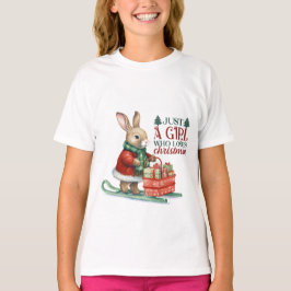Flickkanin med julklappar på skis t shirt