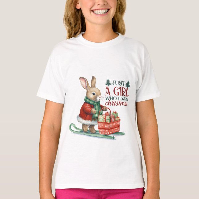 Flickkanin med julklappar på skis t shirt (Framsida)