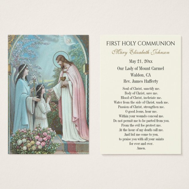 Flickkommunion katolsk minneskort Holy Card Visitkort (Framsida & baksida)